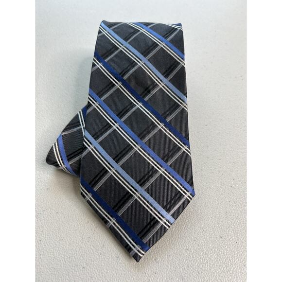 Pronto Uomo Gray, Blue, Black Plaid Pattern 100% Silk Handmade Long Tie NWOT - Picture 1 of 8
